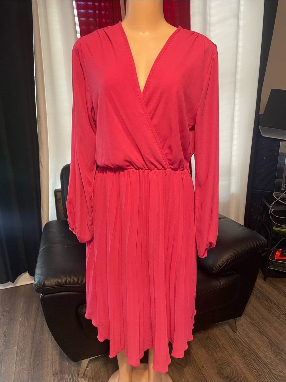 Women's Pink Long-Sleeve Pleated V-Neck Dress pretty Garden spring Large